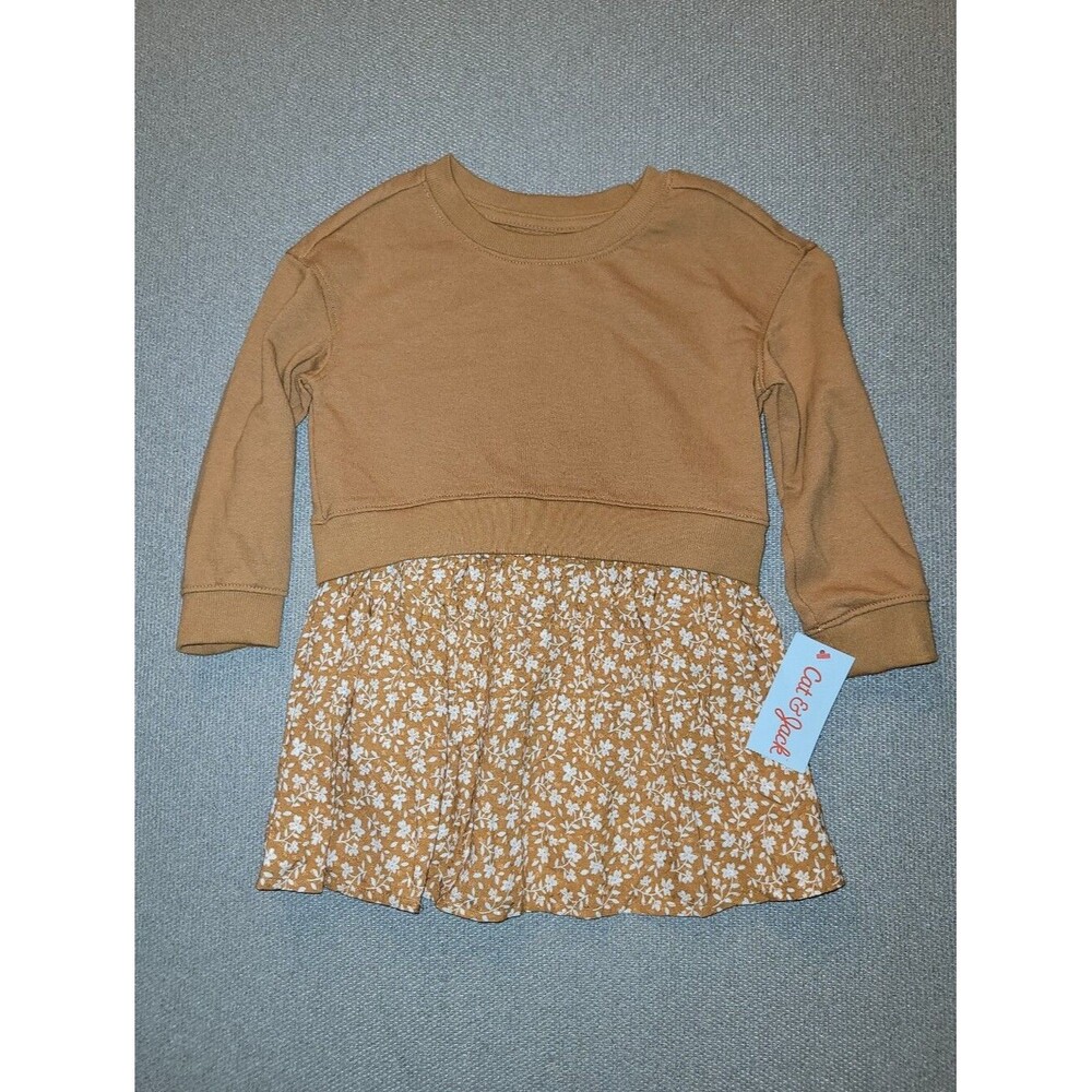 Cat & Jack Size 3t Mustard-Tan Floral Longsleeve Dress NWT